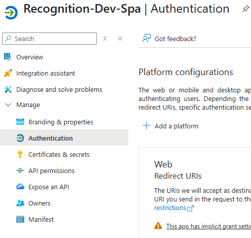 An example of an App Registration menu showing the Authentication Option
